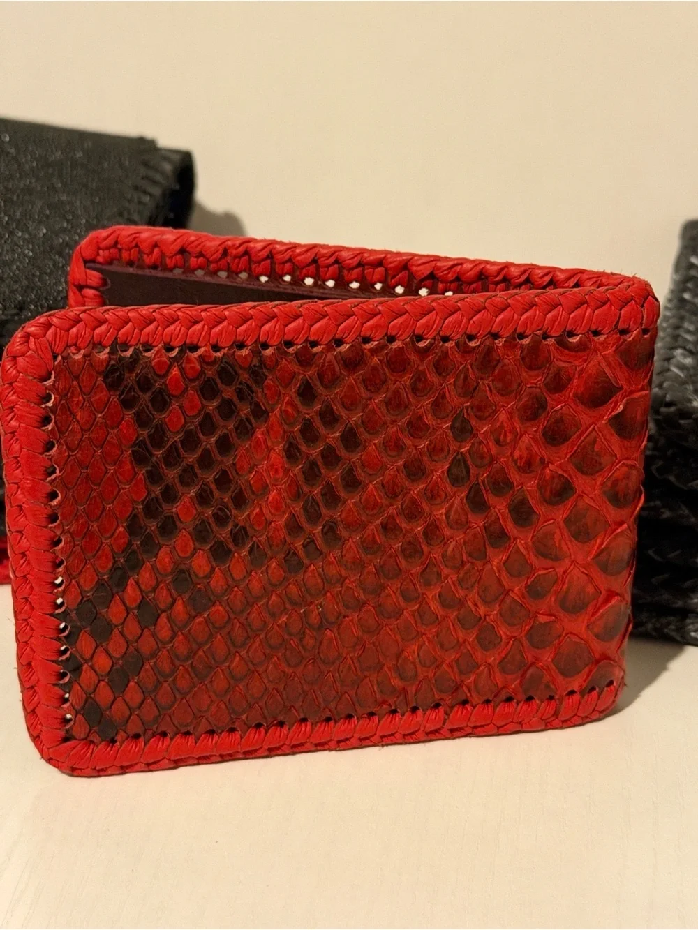 Red Snake-Texture Leather Money Clip Wallet